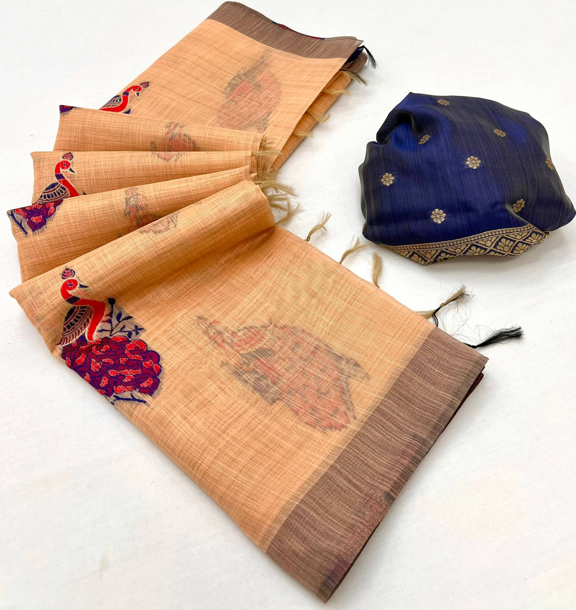 Exquisite Peach Pure Munga Cotton Silk Saree With Profuse Blouse Piece
