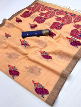 Exquisite Peach Pure Munga Cotton Silk Saree With Profuse Blouse Piece
