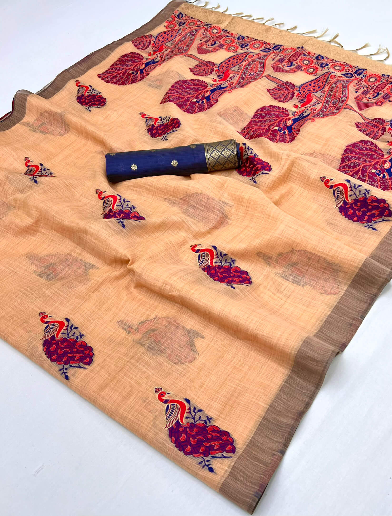 Exquisite Peach Pure Munga Cotton Silk Saree With Profuse Blouse Piece