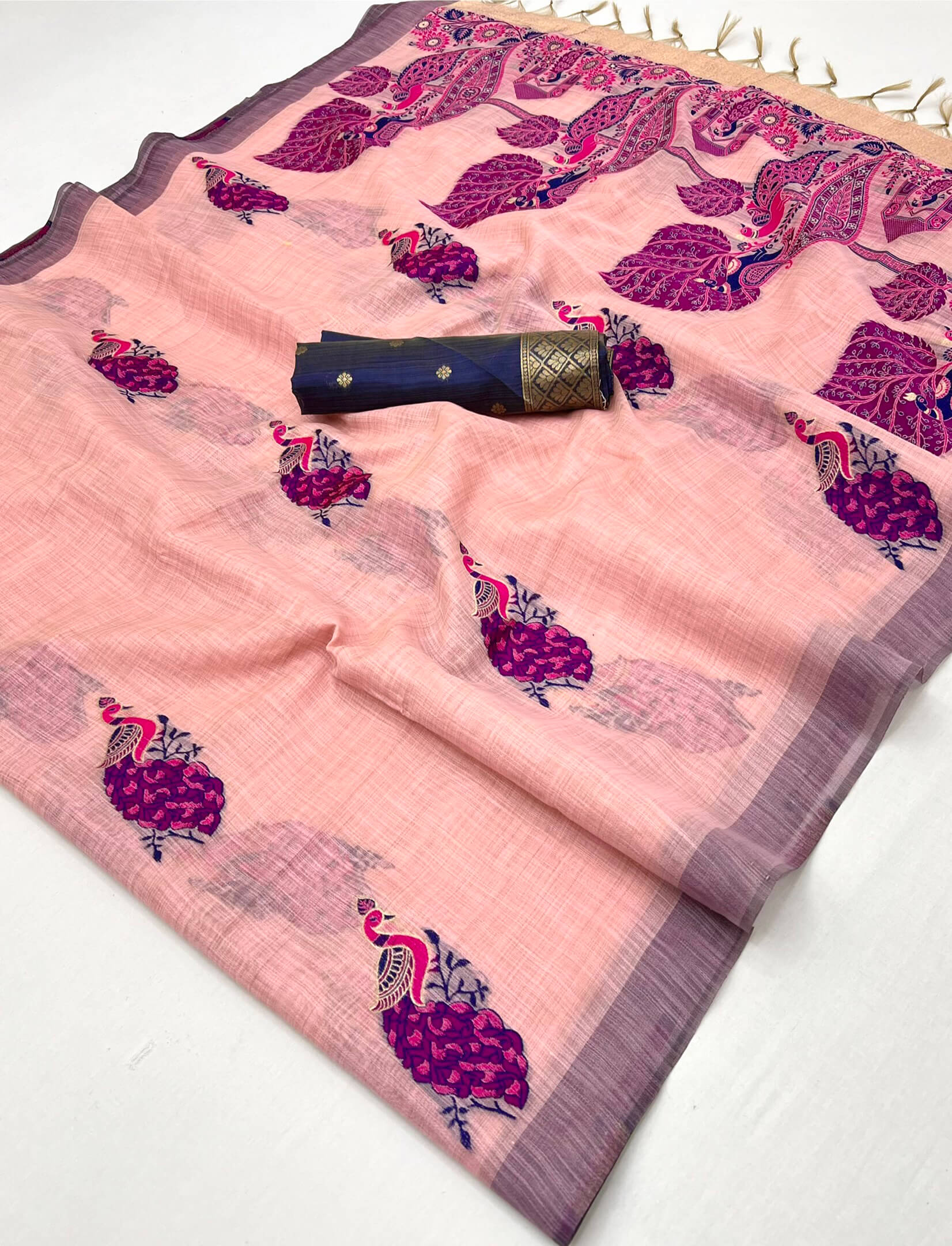 Lovely Pink Pure Munga Cotton Silk Saree With Extraordinary Blouse Piece