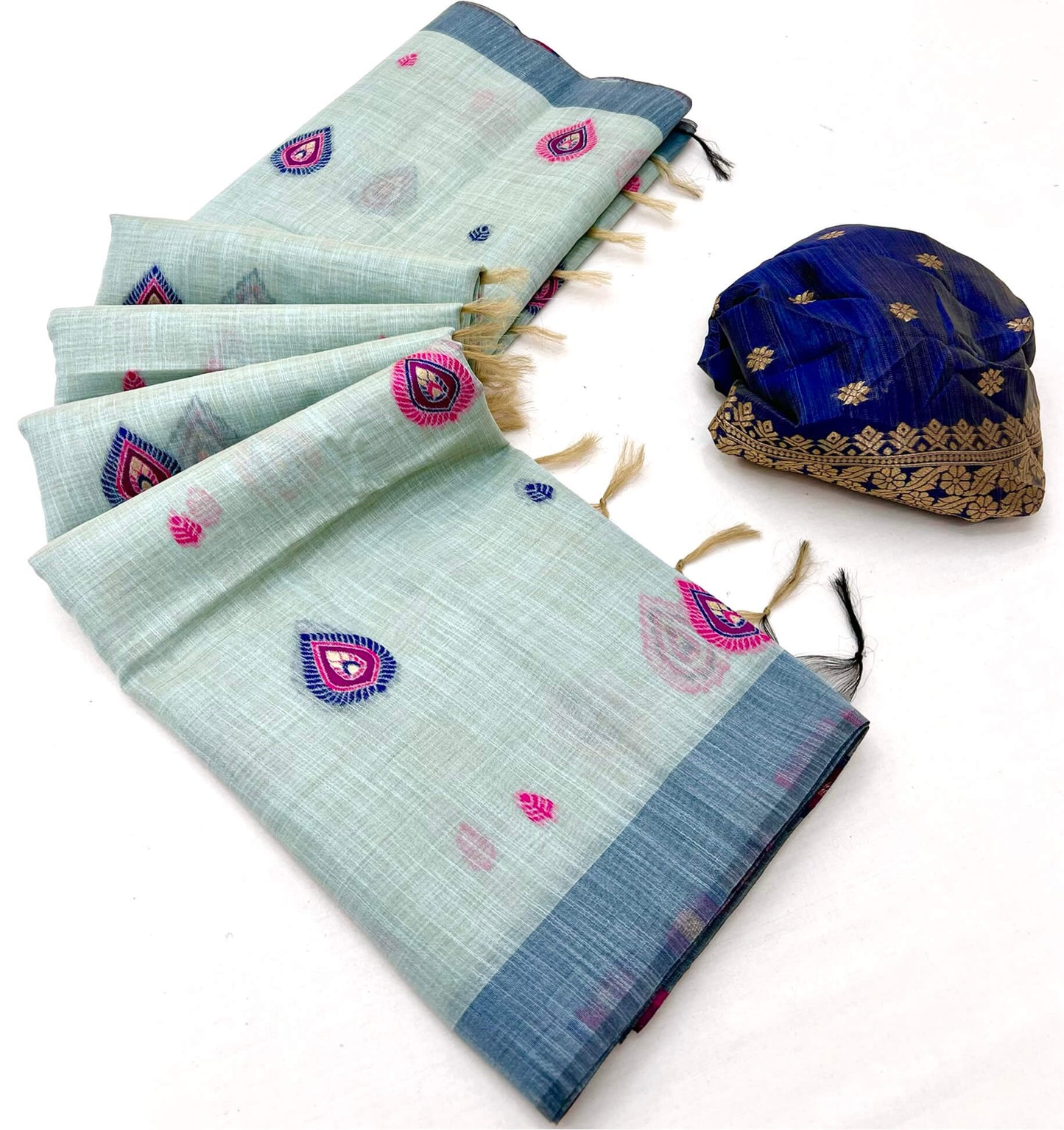 Innovative Sea Green Pure Munga Cotton Silk Saree With Extraordinary Blouse Piece