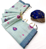 Innovative Sea Green Pure Munga Cotton Silk Saree With Extraordinary Blouse Piece