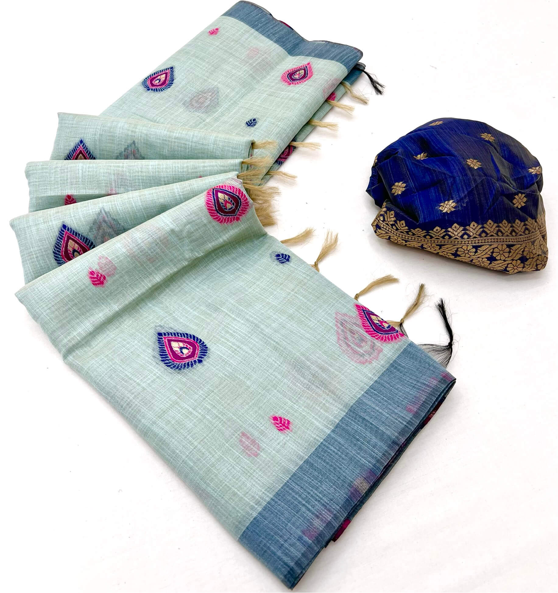 Innovative Sea Green Pure Munga Cotton Silk Saree With Extraordinary Blouse Piece