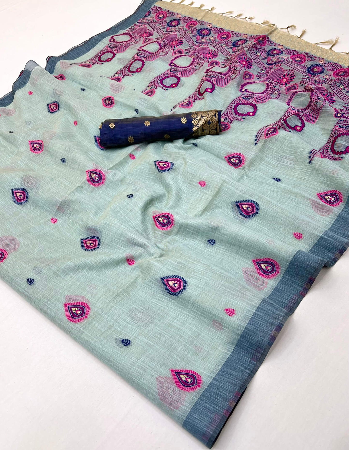 Innovative Sea Green Pure Munga Cotton Silk Saree With Extraordinary Blouse Piece