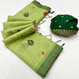 Ornate Pista Pure Munga Cotton Silk Saree With Supernal Blouse Piece