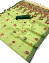 Ornate Pista Pure Munga Cotton Silk Saree With Supernal Blouse Piece