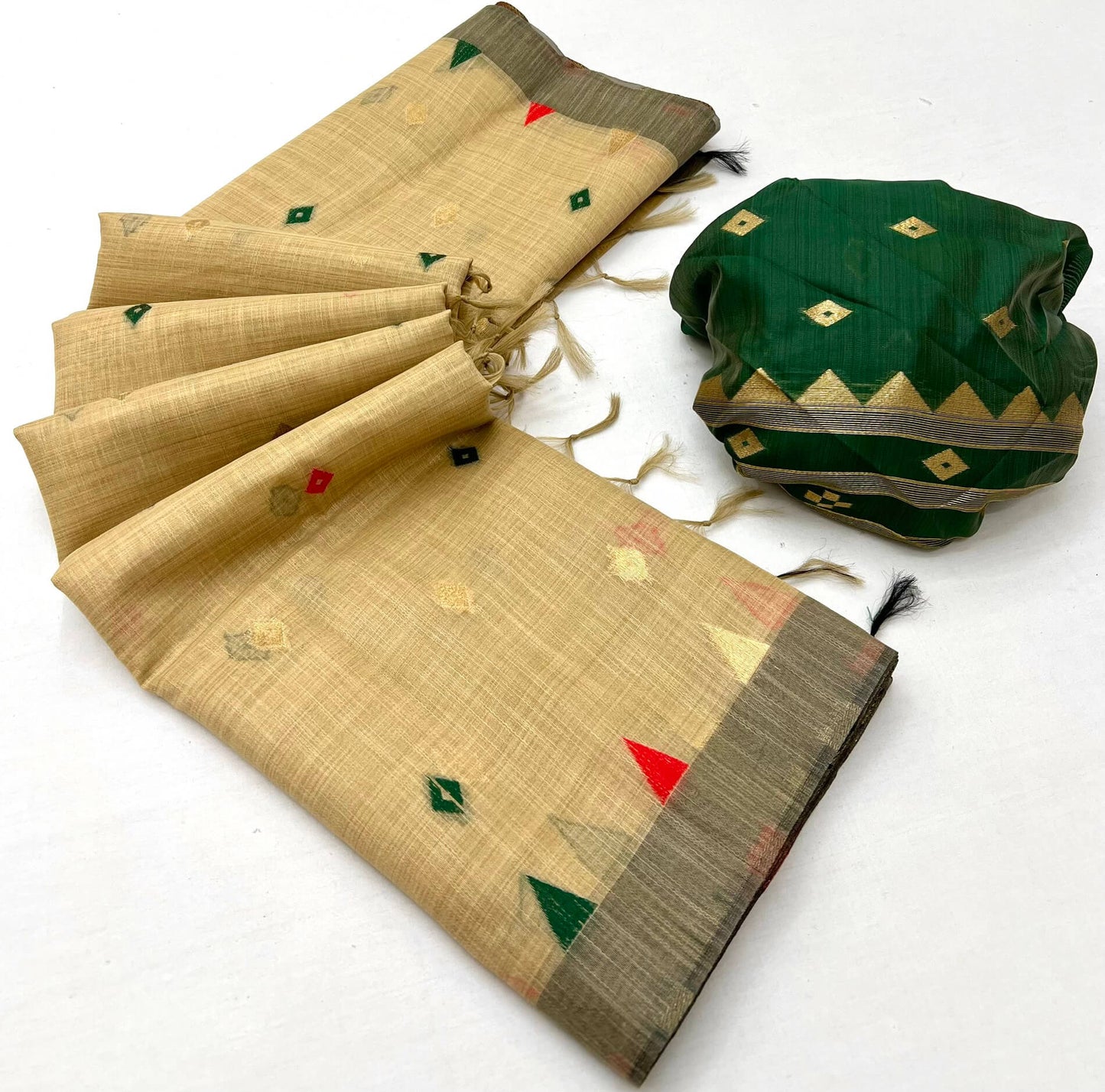 Ebullience Beige Pure Munga Cotton Silk Saree With Ornate Blouse Piece