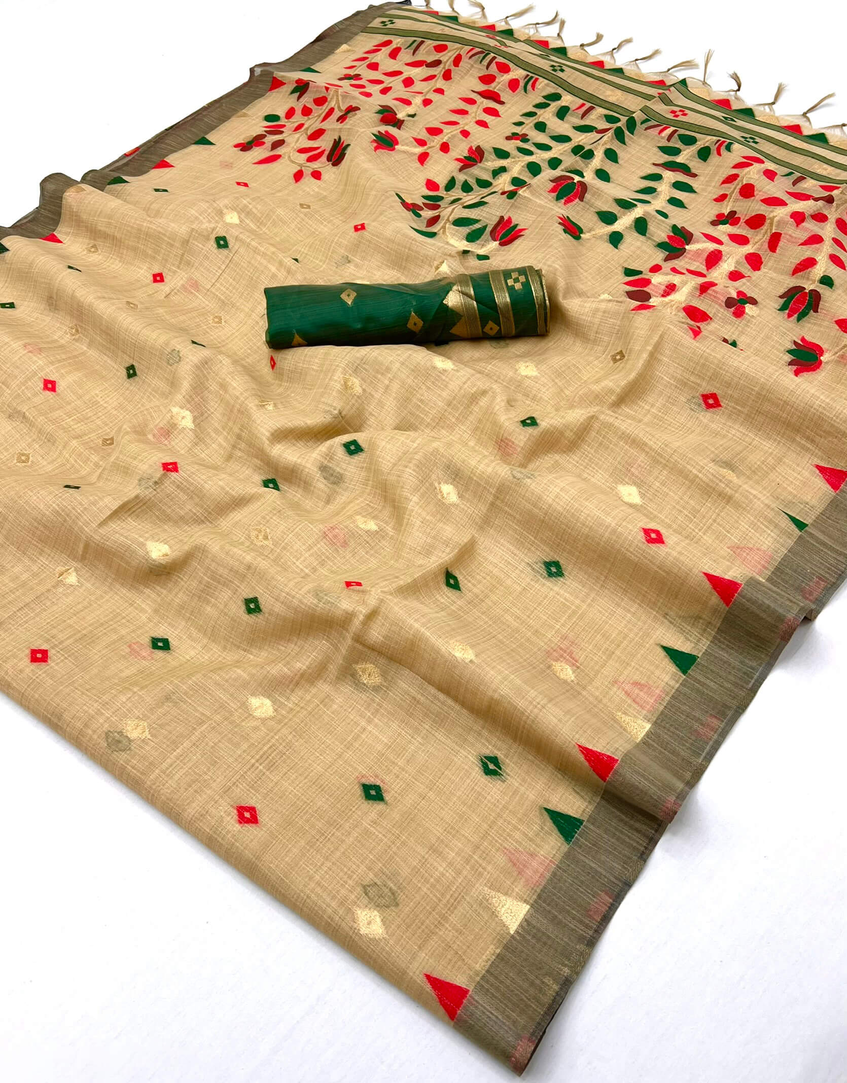 Ebullience Beige Pure Munga Cotton Silk Saree With Ornate Blouse Piece