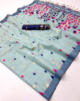 Demanding Sky Pure Munga Cotton Silk Saree With Allure Blouse Piece