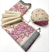 Trendy Beige Pure Munga Cotton Silk Saree With Serendipity Blouse Piece
