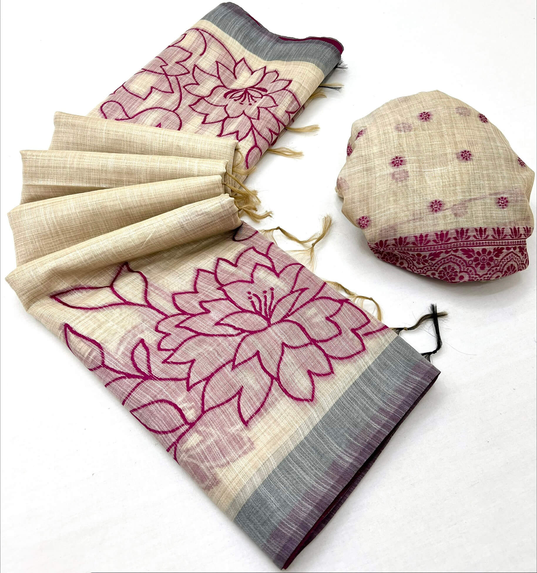 Trendy Beige Pure Munga Cotton Silk Saree With Serendipity Blouse Piece