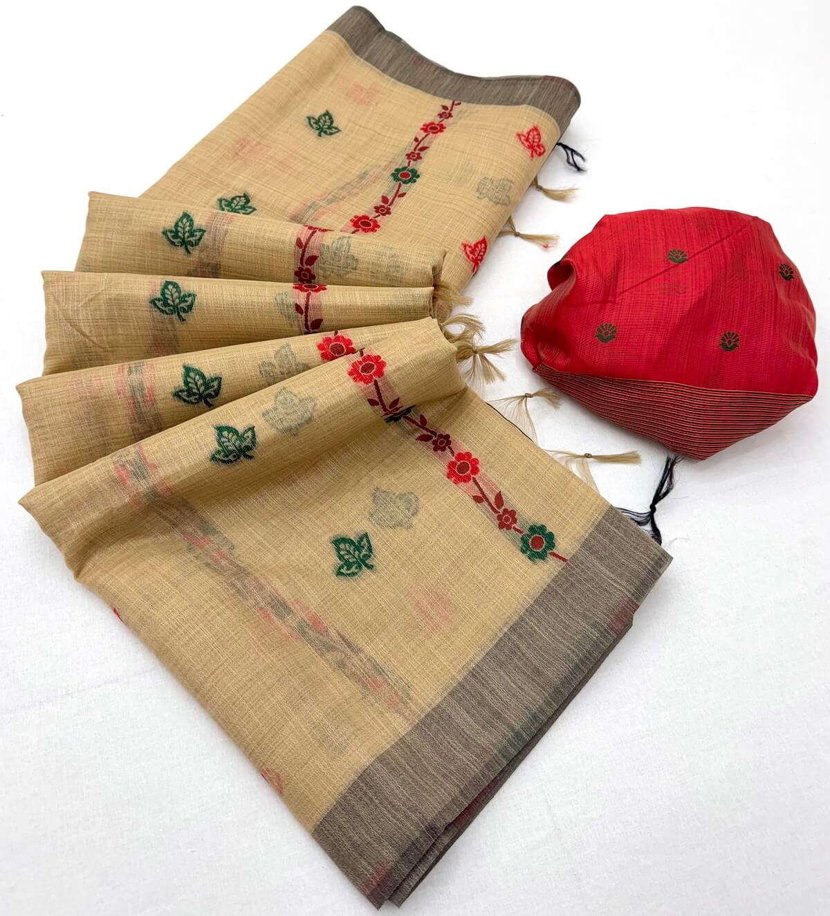 Winsome Beige Pure Munga Cotton Silk Saree With Vivacious Blouse Piece