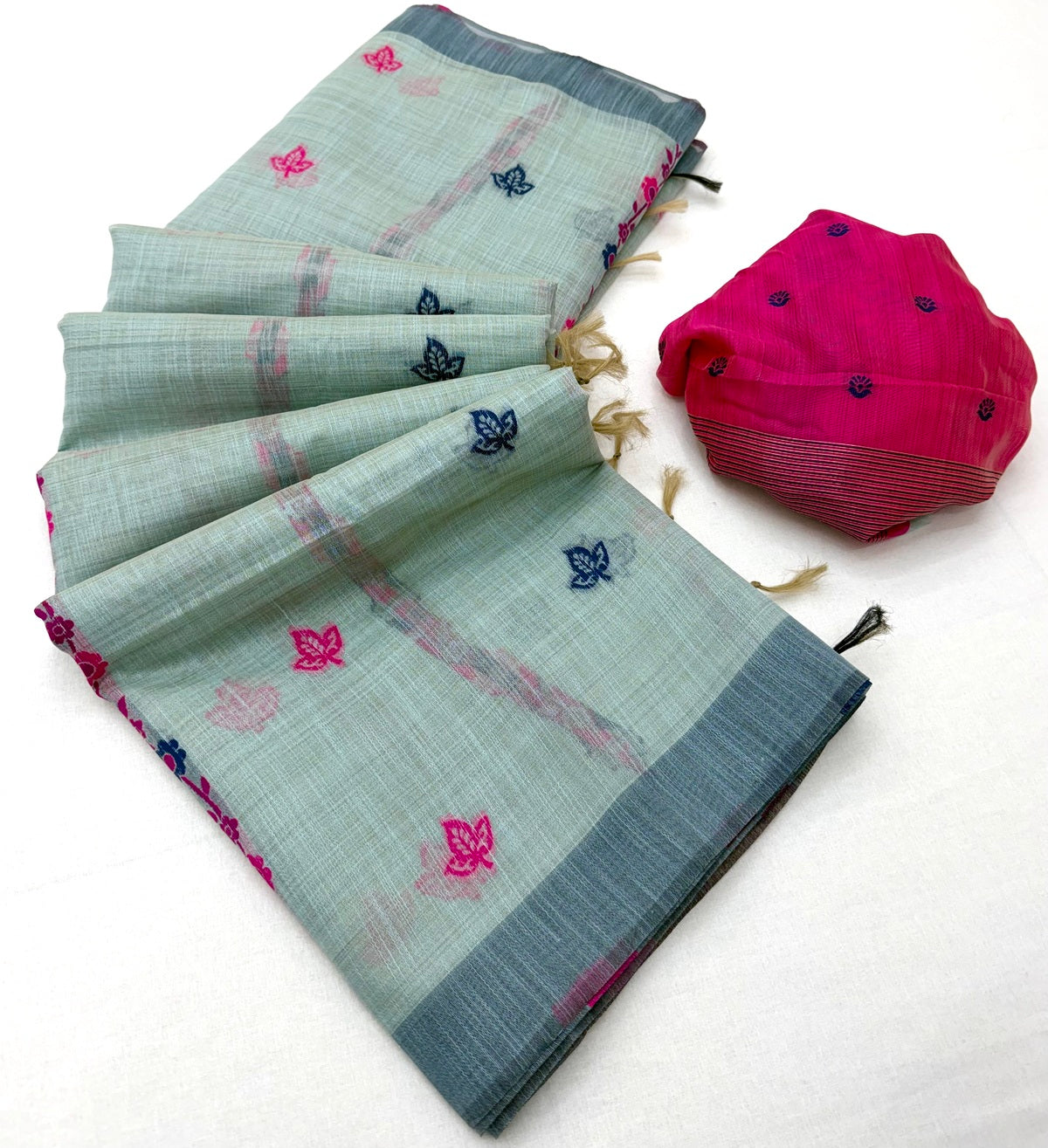Preferable Sea Green Pure Munga Cotton Silk Saree With Precious Blouse Piece