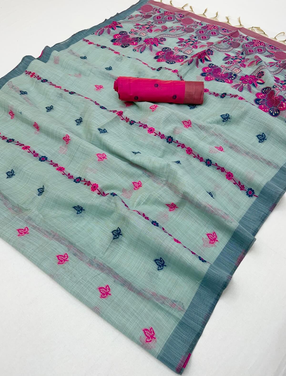Preferable Sea Green Pure Munga Cotton Silk Saree With Precious Blouse Piece