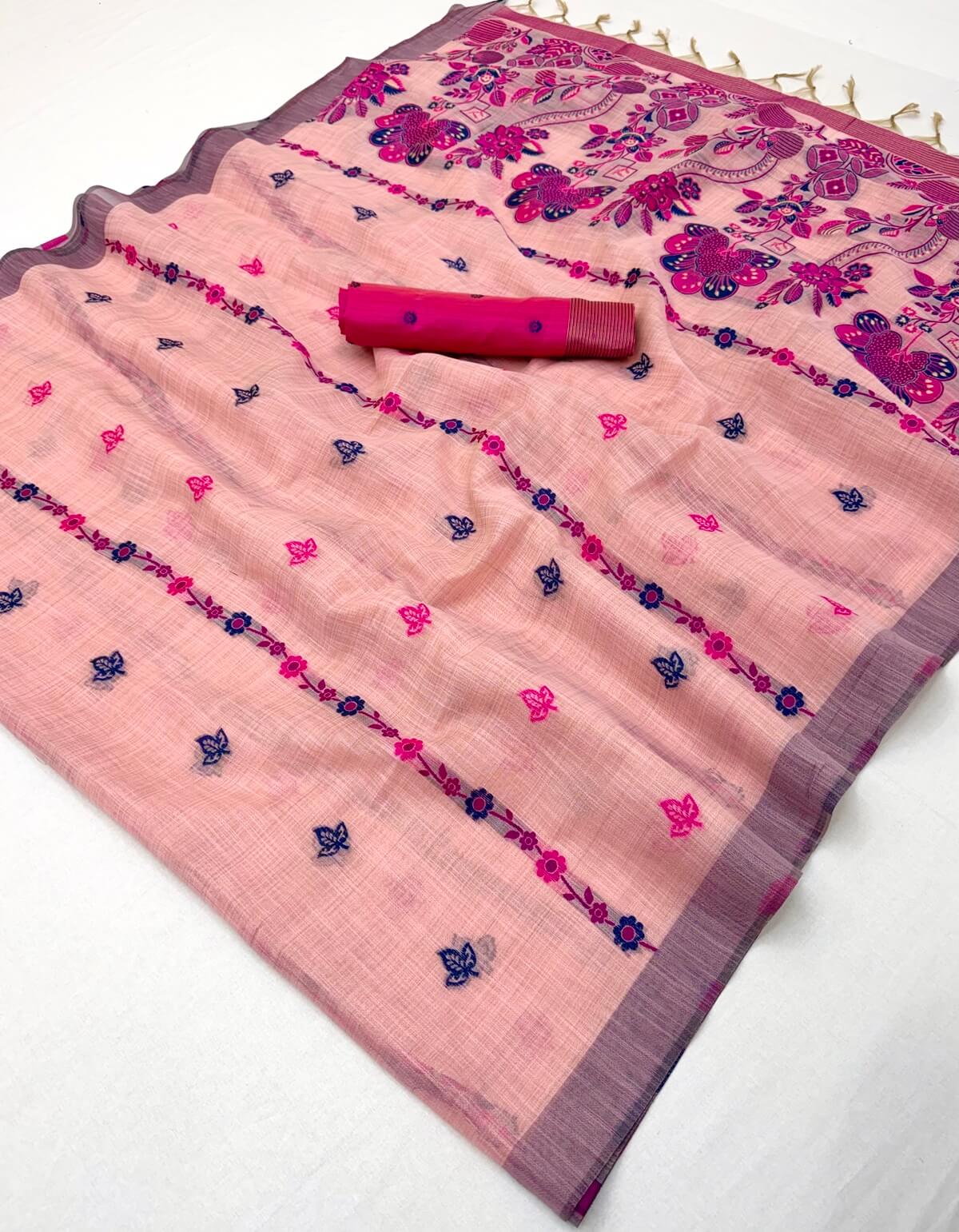 Phenomenal Pink Pure Munga Cotton Silk Saree With Symmetrical Blouse Piece