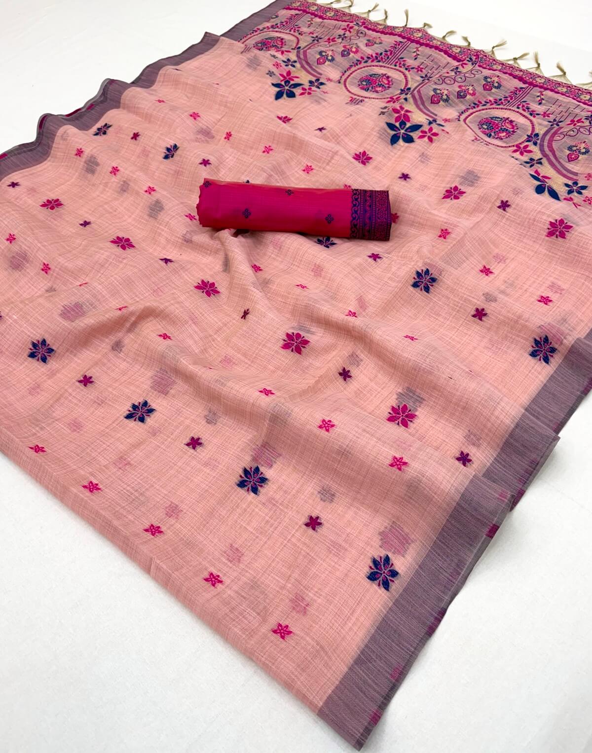 Moiety Pink Pure Munga Cotton Silk Saree With Demure Blouse Piece
