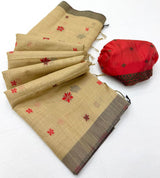 Outstanding Beige Pure Munga Cotton Silk Saree With Ebullience Blouse Piece