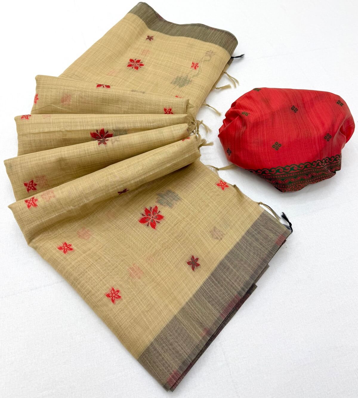 Outstanding Beige Pure Munga Cotton Silk Saree With Ebullience Blouse Piece