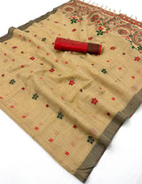 Outstanding Beige Pure Munga Cotton Silk Saree With Ebullience Blouse Piece