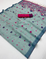 Staring Sea Green Pure Munga Cotton Silk Saree With Lovely Blouse Piece