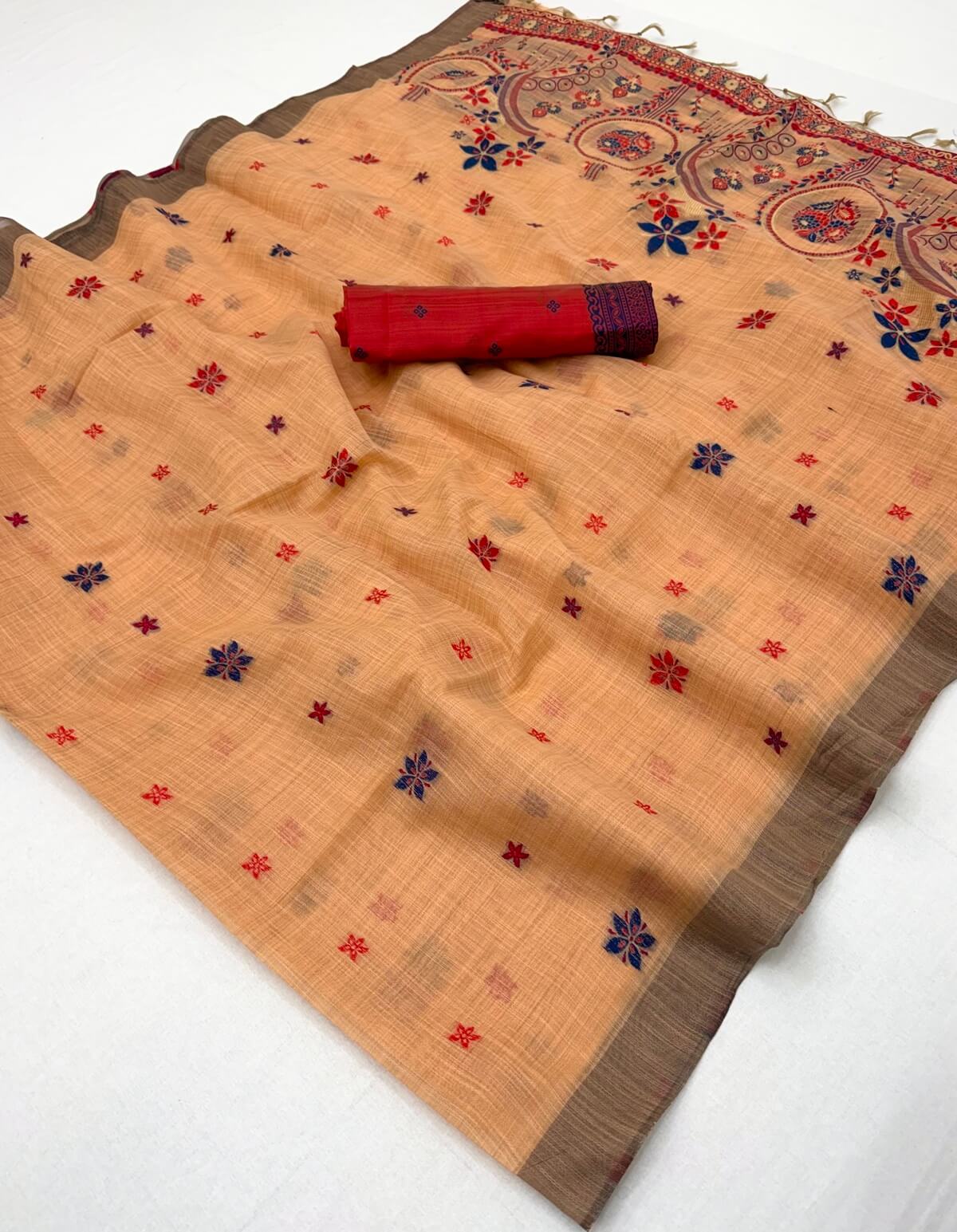 Ethereal Peach Pure Munga Cotton Silk Saree With Artistic Blouse Piece