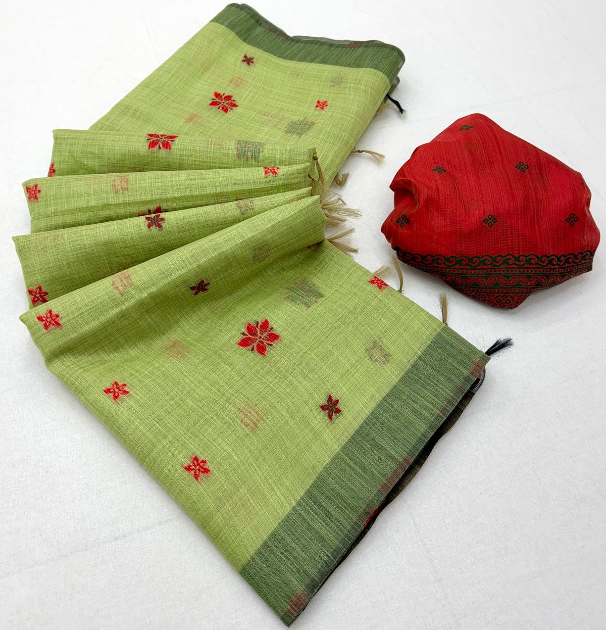 Susurrous Pista Pure Munga Cotton Silk Saree With Glamorous Blouse Piece