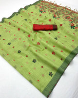 Susurrous Pista Pure Munga Cotton Silk Saree With Glamorous Blouse Piece