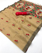 Pretty Beige Pure Munga Cotton Silk Saree With Whimsical Blouse Piece
