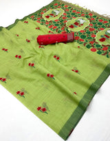 Exemplary Pista Pure Munga Cotton Silk Saree With Alluring Blouse Piece