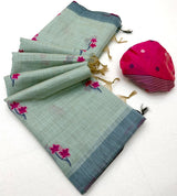 Flattering Sea Green Pure Munga Cotton Silk Saree With Groovy Blouse Piece