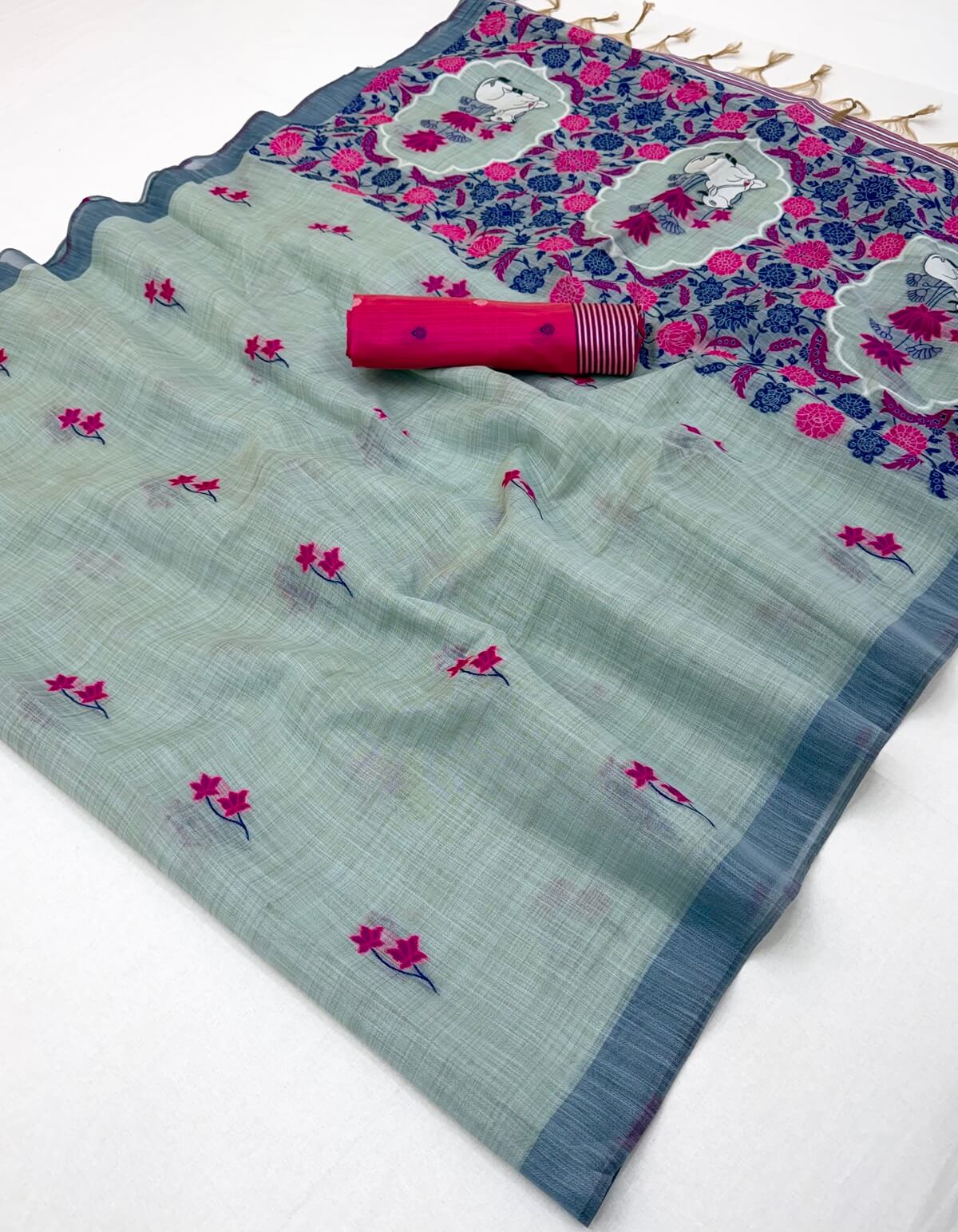 Flattering Sea Green Pure Munga Cotton Silk Saree With Groovy Blouse Piece