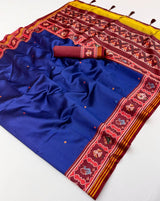 Vestigial Royal Blue Printed Patola Handloom Silk Saree With Angelic Blouse Piece