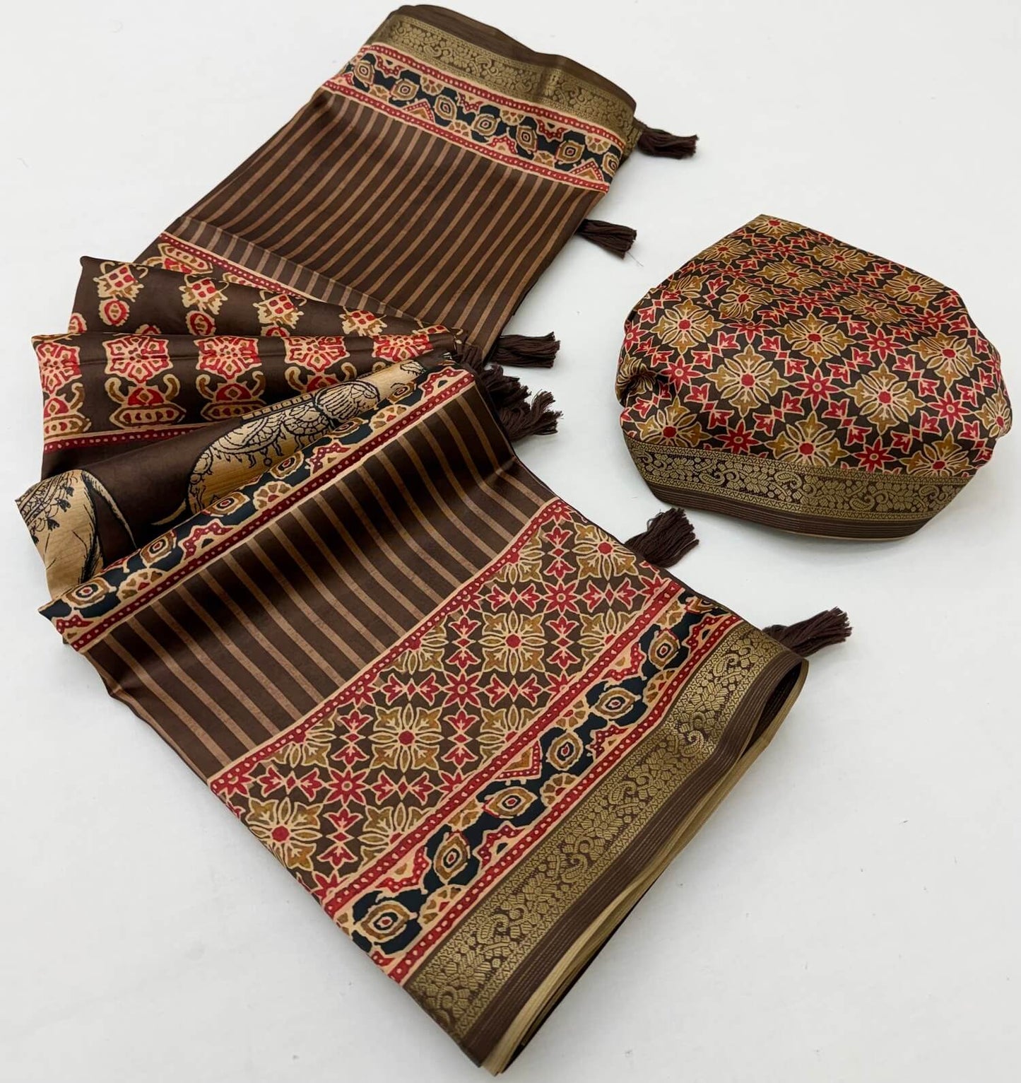 Skinny Brown Ajrakh Printed Soft Silk Saree With Rhapsody Blouse Piece