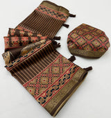 Skinny Brown Ajrakh Printed Soft Silk Saree With Rhapsody Blouse Piece