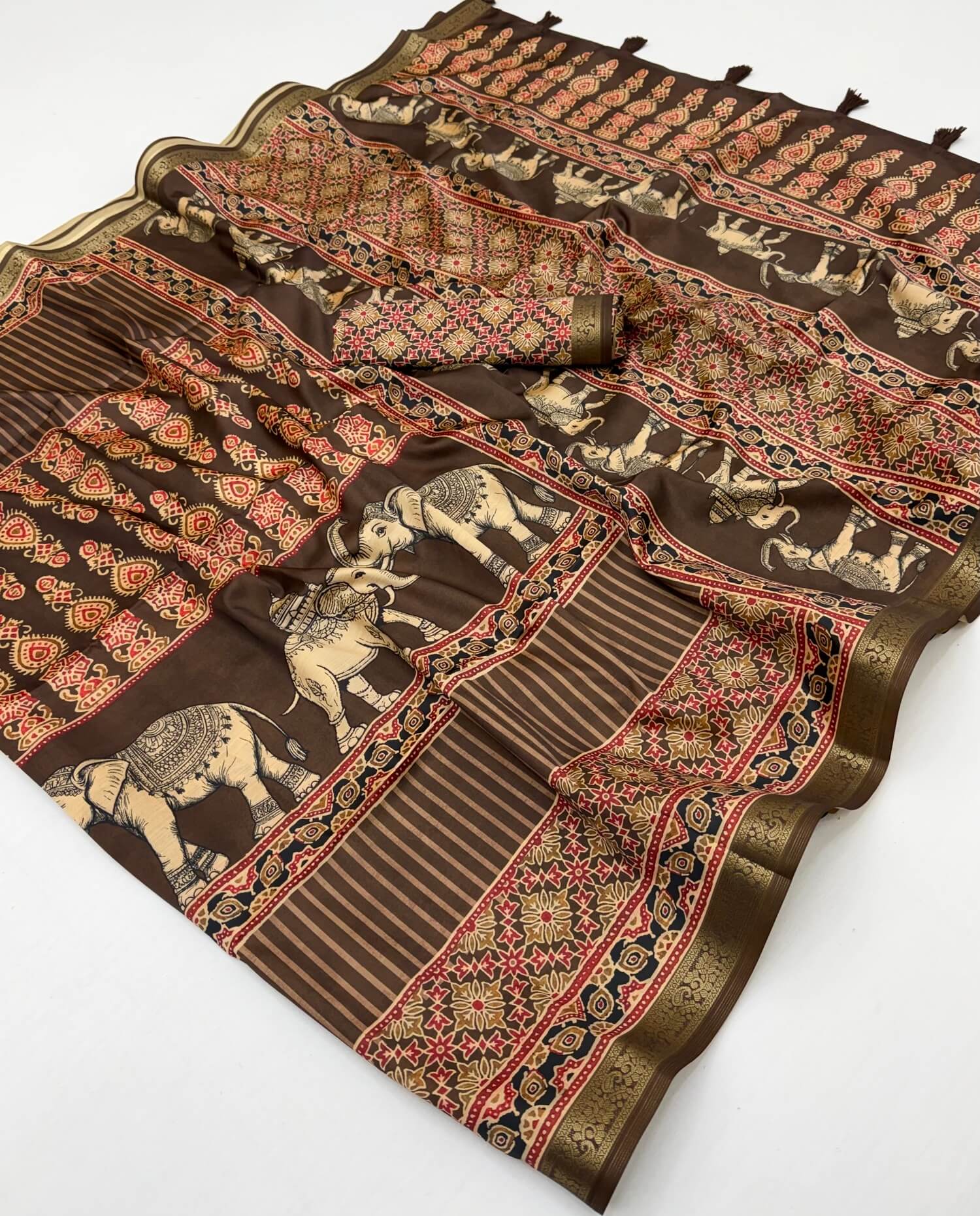 Skinny Brown Ajrakh Printed Soft Silk Saree With Rhapsody Blouse Piece