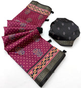 Entrancing Magenta Ajrakh Printed Soft Silk Saree With Blissful Blouse Piece