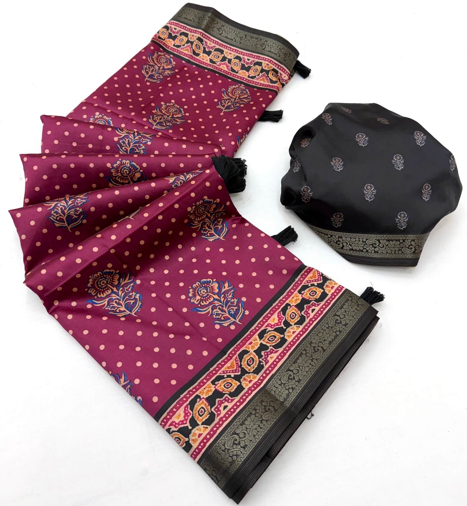 Entrancing Magenta Ajrakh Printed Soft Silk Saree With Blissful Blouse Piece