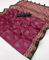 Entrancing Magenta Ajrakh Printed Soft Silk Saree With Blissful Blouse Piece