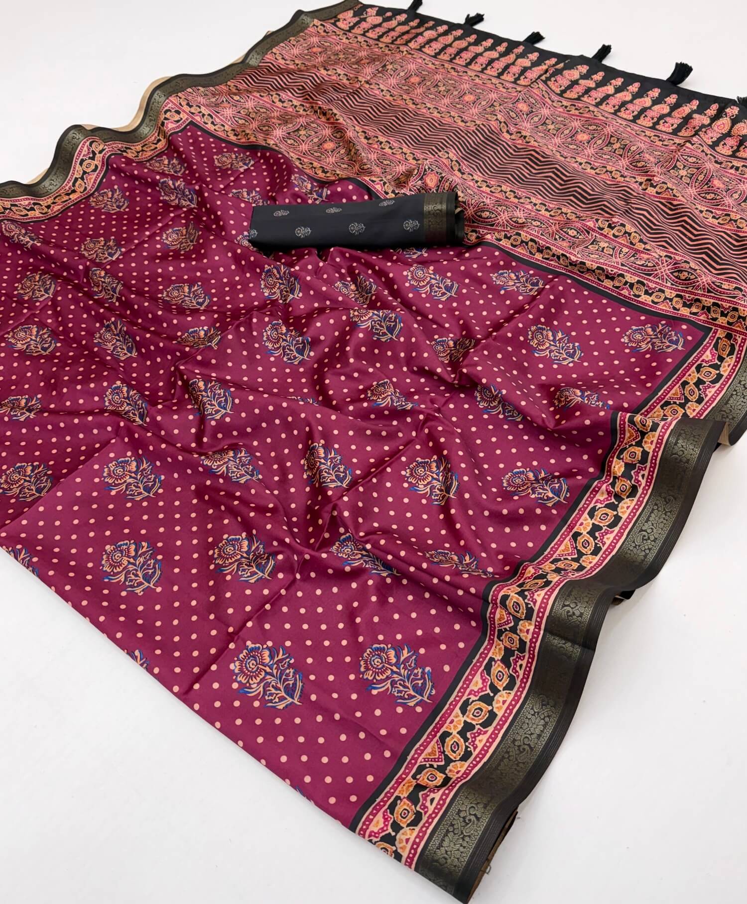 Entrancing Magenta Ajrakh Printed Soft Silk Saree With Blissful Blouse Piece