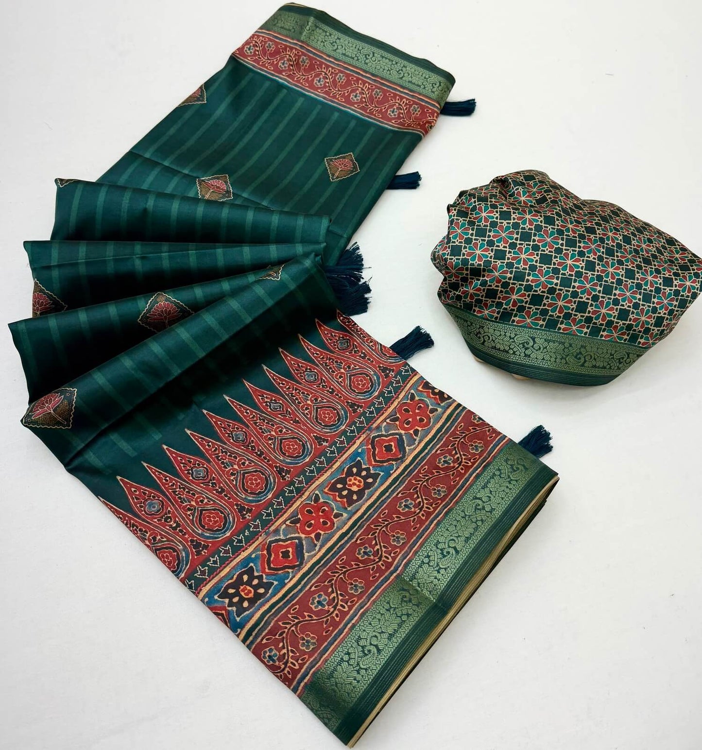 Flameboyant Dark Green Ajrakh Printed Soft Silk Saree With Invaluable Blouse Piece