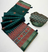 Flameboyant Dark Green Ajrakh Printed Soft Silk Saree With Invaluable Blouse Piece