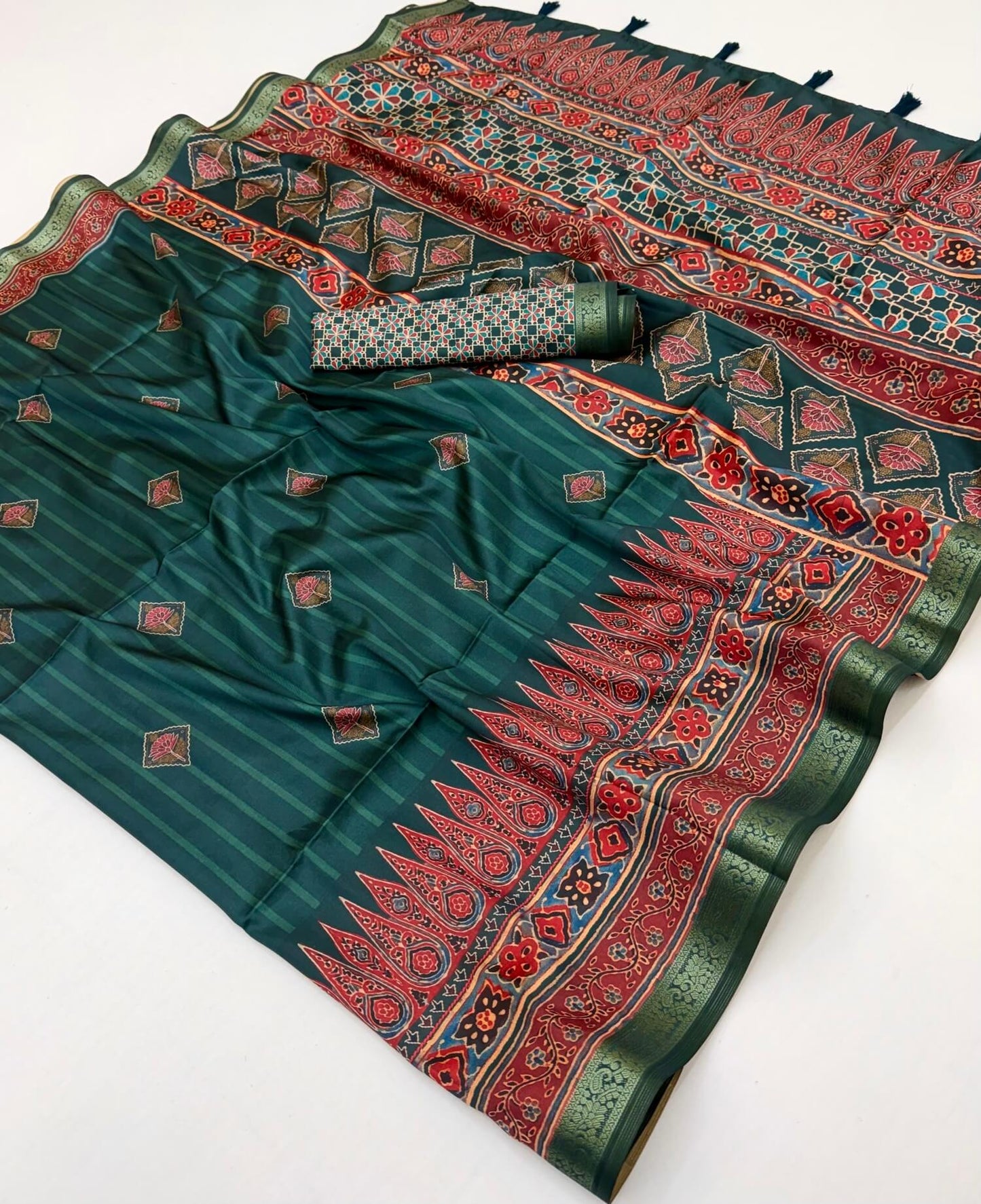Flameboyant Dark Green Ajrakh Printed Soft Silk Saree With Invaluable Blouse Piece