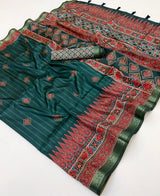 Flameboyant Dark Green Ajrakh Printed Soft Silk Saree With Invaluable Blouse Piece
