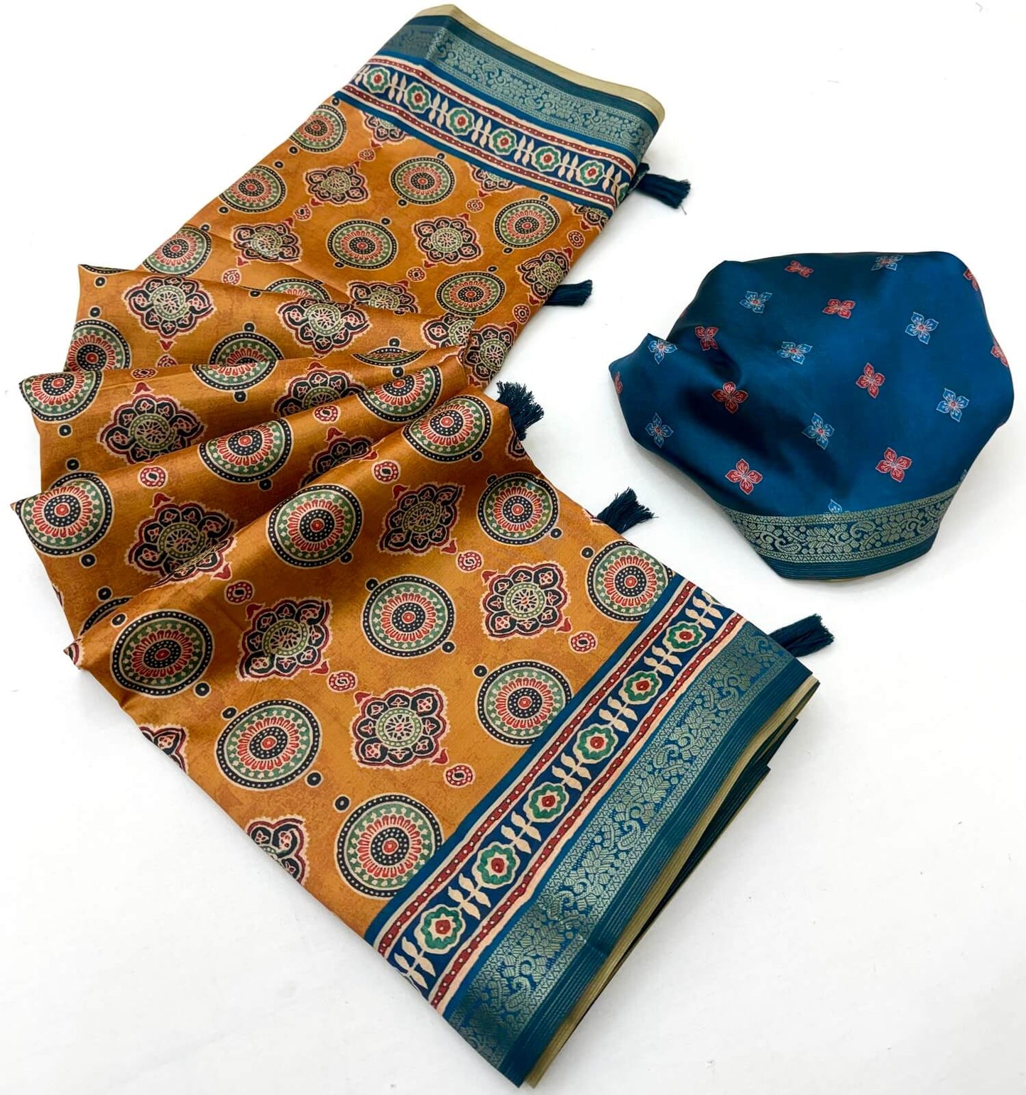 Seraphic Mustard Ajrakh Printed Soft Silk Saree With Scrupulous Blouse Piece