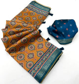 Seraphic Mustard Ajrakh Printed Soft Silk Saree With Scrupulous Blouse Piece