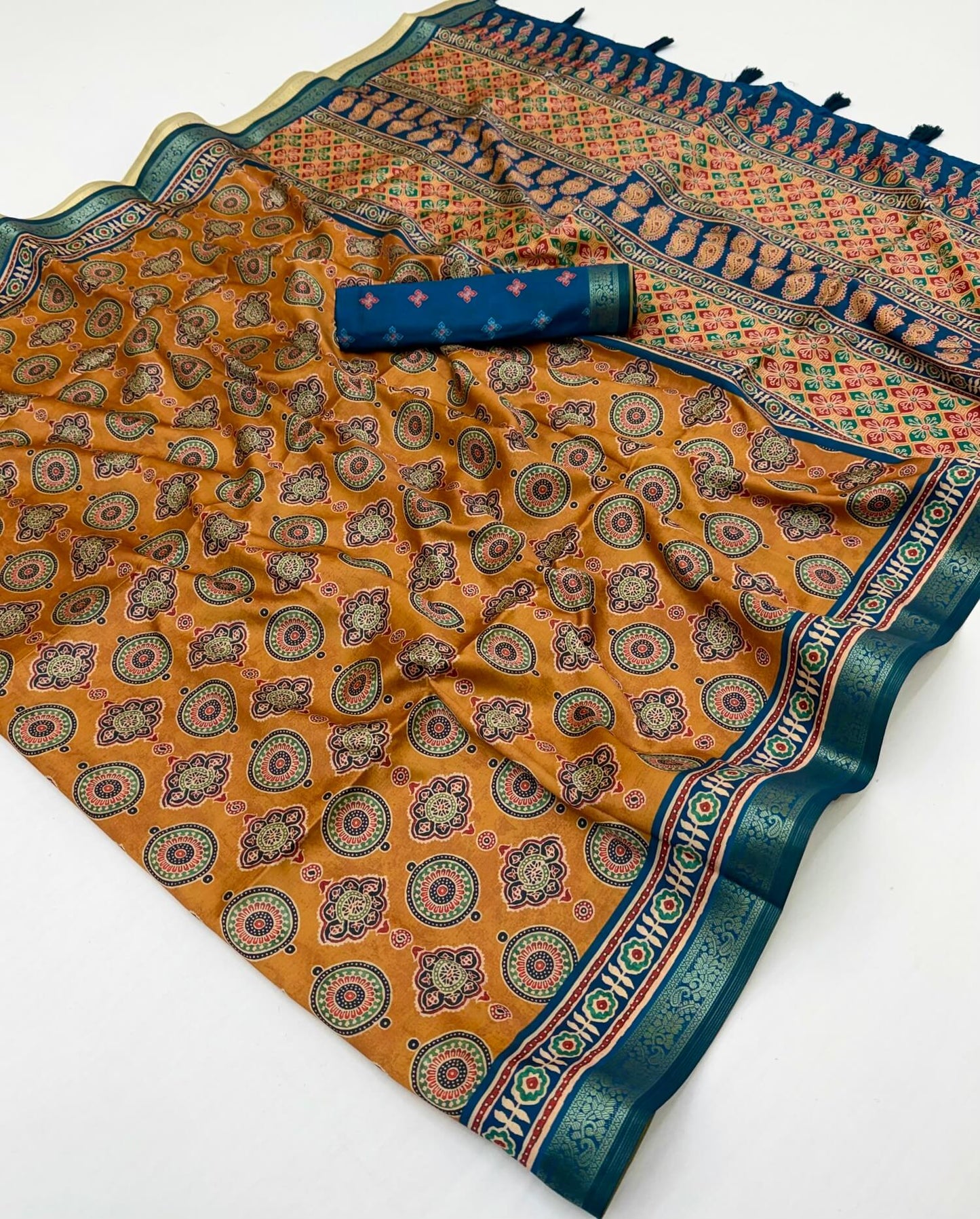 Seraphic Mustard Ajrakh Printed Soft Silk Saree With Scrupulous Blouse Piece
