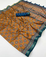 Seraphic Mustard Ajrakh Printed Soft Silk Saree With Scrupulous Blouse Piece