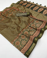 Enthralling Green Ajrakh Printed Soft Silk Saree With Moiety Blouse Piece