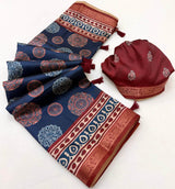 Groovy Navy Blue Ajrakh Printed Soft Silk Saree With Engaging Blouse Piece