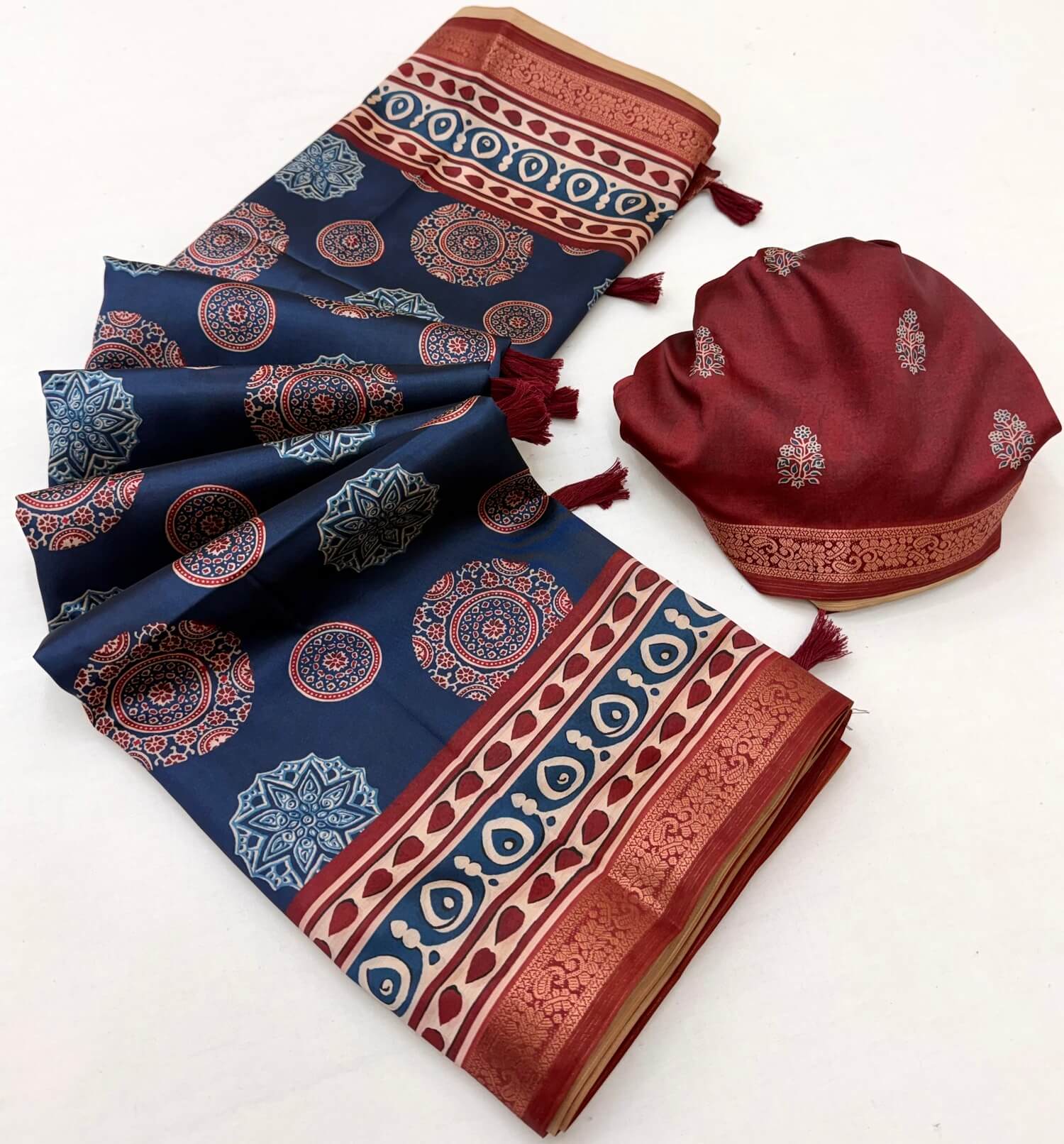 Groovy Navy Blue Ajrakh Printed Soft Silk Saree With Engaging Blouse Piece